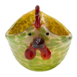 Art Glass Studio Handmade Rooster Bowl Speckled w/Green & Cream 8.5" L x 6" H